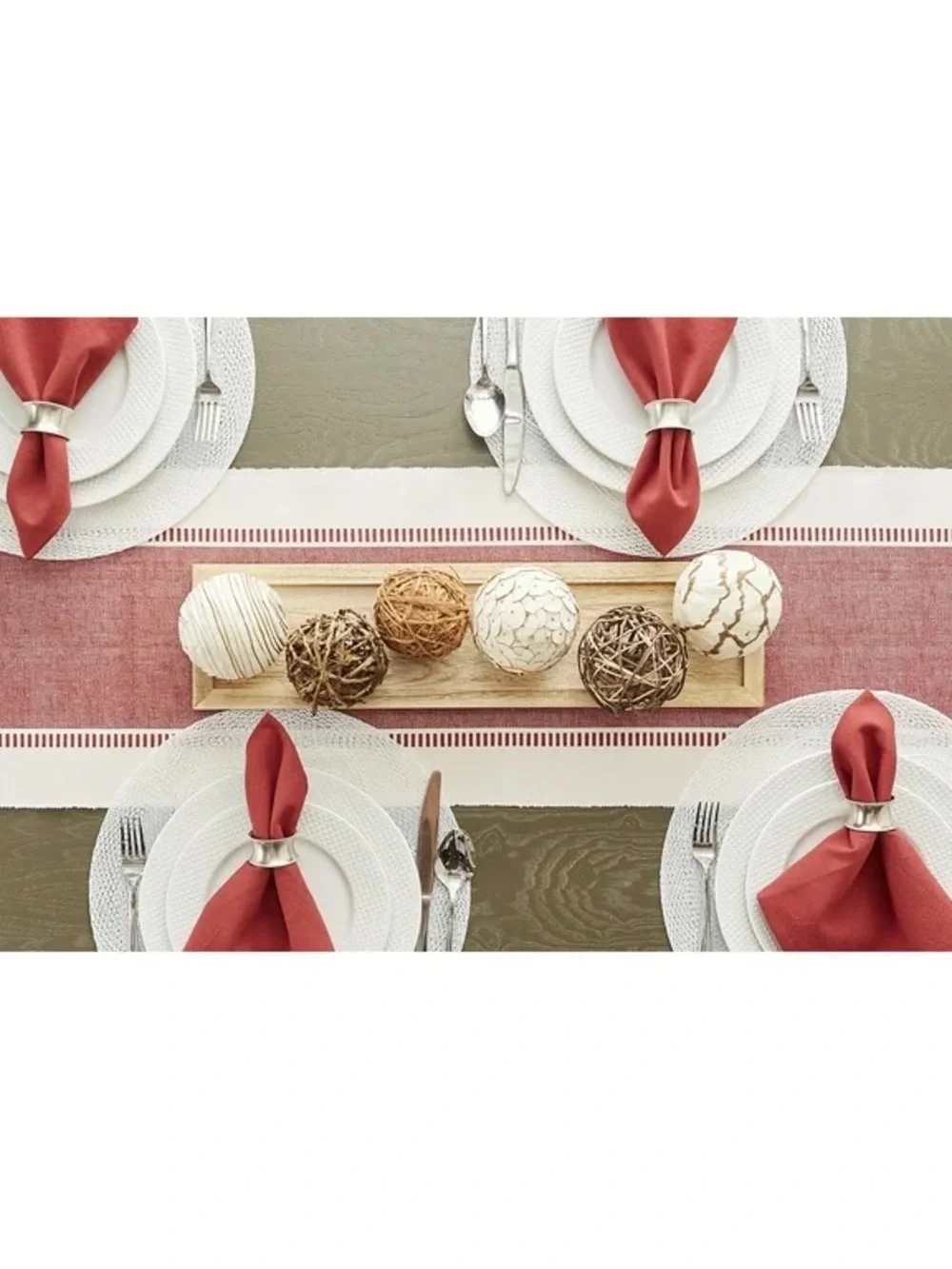 Woven Red and Cream Table Runner with Fringe